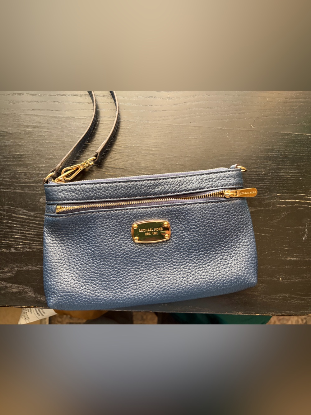 MICHAEL Michael Kors Blue Pebbled Leather Wristlet with Gold Hardware